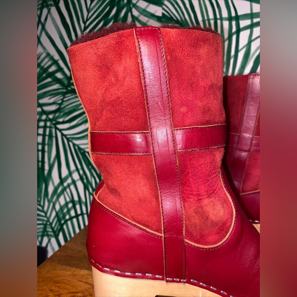 Sweedish Hasbeens Red Leather Shearling Wood Platform Ankle Boots Women’s 39/9 - Picture 10 of 13